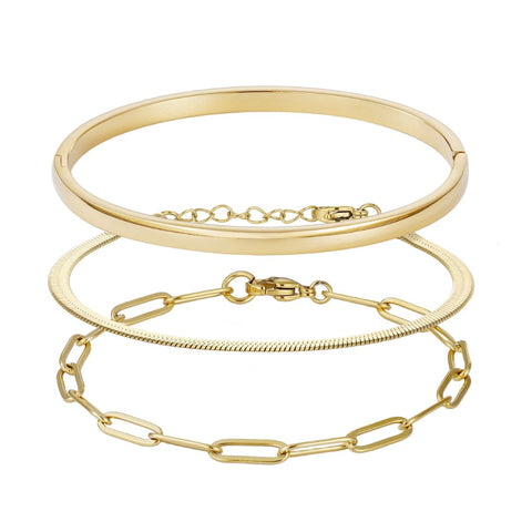 Tarnish Resistant 18k Gold Plated Cuff, Paperclip, and Herringbone Chain Bracelet Set