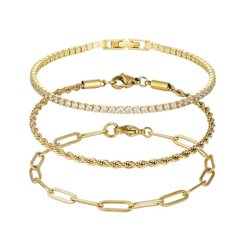 18k Gold Plated Paperclip, Rope, and Tennis Bracelet Set