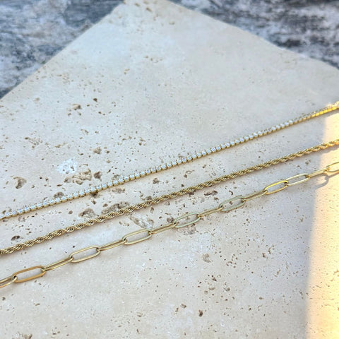 18k Gold Plated Paperclip, Rope, and Tennis Bracelet Set