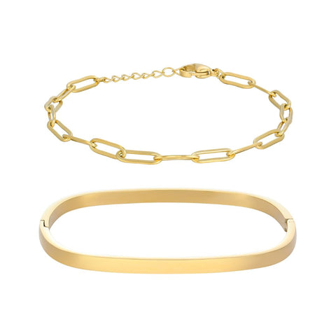 Tarnish Resistant 18k Gold Plated Rectangular Cuff and Paper Clip Chain Bracelet Set
