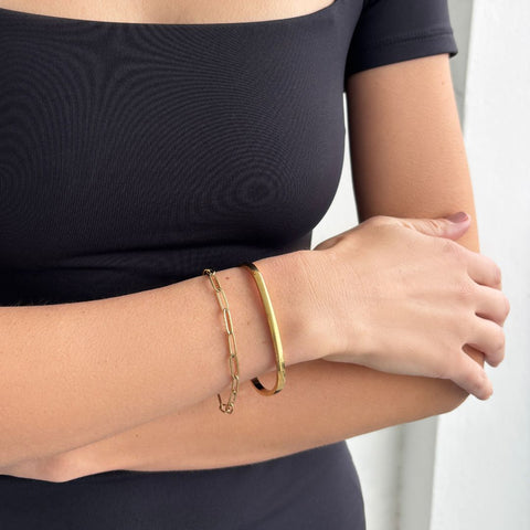 Tarnish Resistant 18k Gold Plated Rectangular Cuff and Paper Clip Chain Bracelet Set