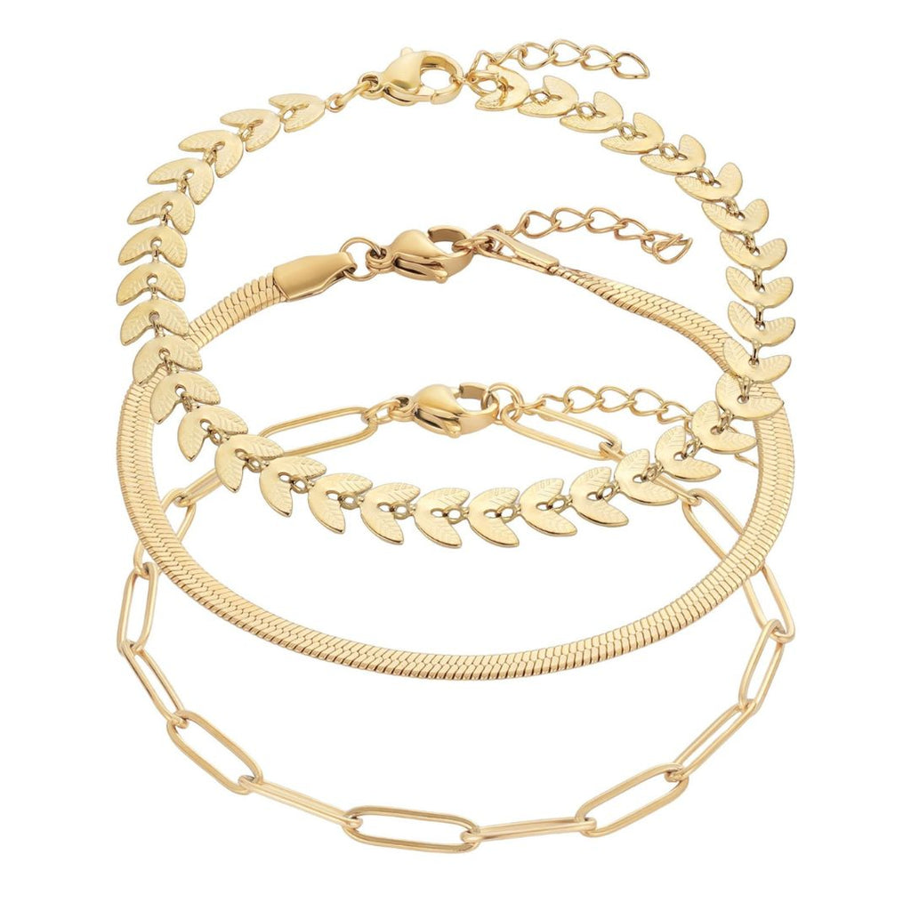 Tarnish Resistant 18k Gold Plated Set of Three Adjustable Chain Bracelets