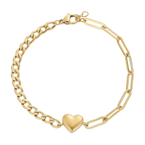 Tarnish Resistant 18k Gold Plated Heart Mixed Chain Bracelet