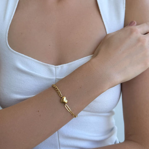 Tarnish Resistant 18k Gold Plated Heart Mixed Chain Bracelet