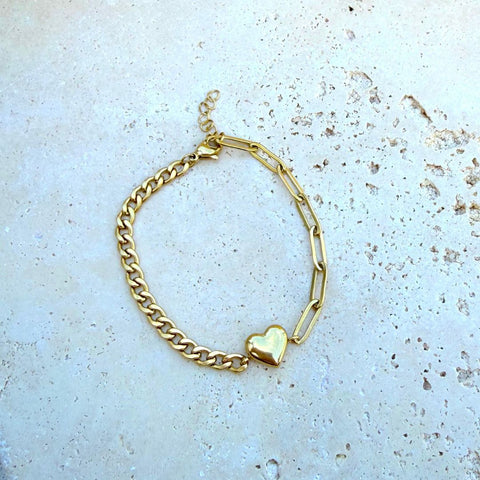 Tarnish Resistant 18k Gold Plated Heart Mixed Chain Bracelet