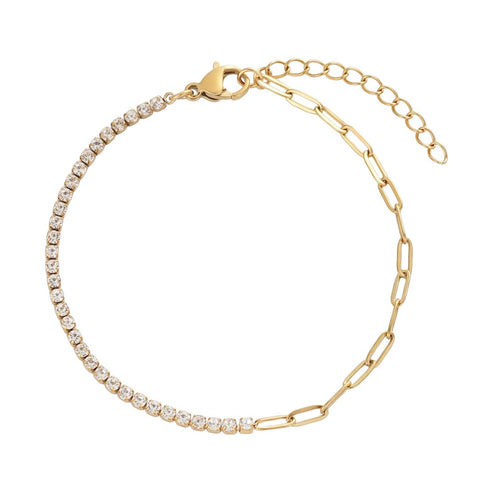 Tarnish Resistant 18k Gold Plated Half Tennis and Paperclip Chain Bracelet