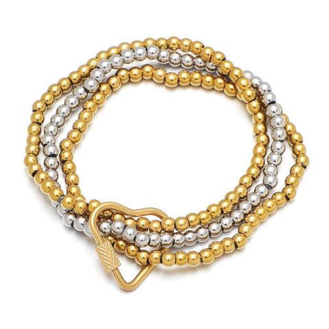 Tarnish Resistant 18k Gold Plated and Silver Bead Bracelet with Heart Lock Set