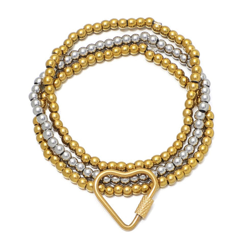 Tarnish Resistant 18k Gold Plated and Silver Bead Bracelet with Heart Lock Set