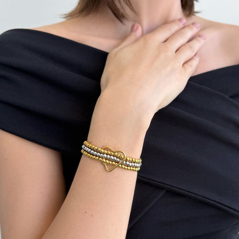 Tarnish Resistant 18k Gold Plated and Silver Bead Bracelet with Heart Lock Set