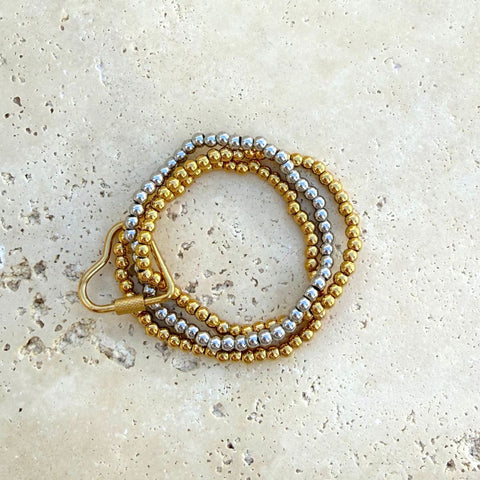 Tarnish Resistant 18k Gold Plated and Silver Bead Bracelet with Heart Lock Set