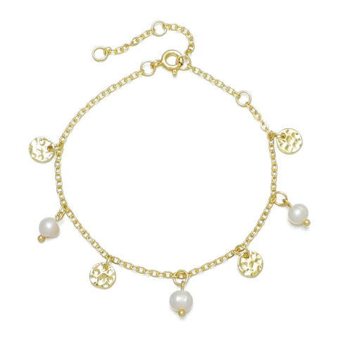 14k Gold Plated Freshwater Pearl and Coin Charm Bracelet
