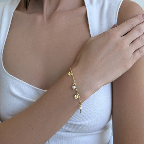 14k Gold Plated Freshwater Pearl and Coin Charm Bracelet