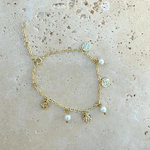 14k Gold Plated Freshwater Pearl and Coin Charm Bracelet