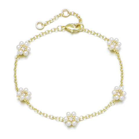 14k Gold Plated Faux Flower Station Pearl Bracelet