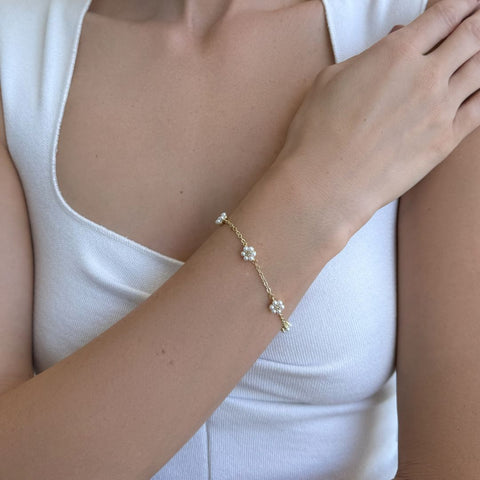14k Gold Plated Faux Flower Station Pearl Bracelet