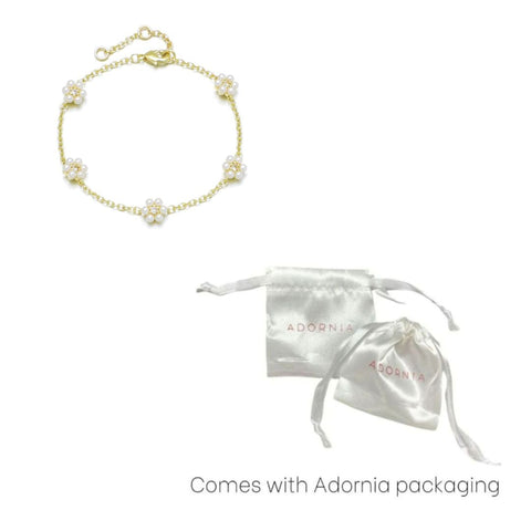 14k Gold Plated Faux Flower Station Pearl Bracelet