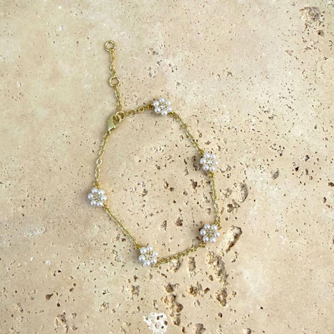 14k Gold Plated Faux Flower Station Pearl Bracelet