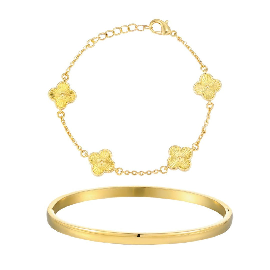 14k Gold Plated Set of 2 Clover Bracelet and Cuff Set