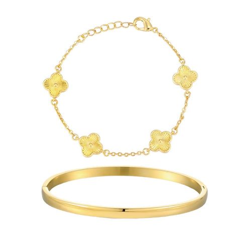 14k Gold Plated Set of 2 Clover Bracelet and Cuff Set