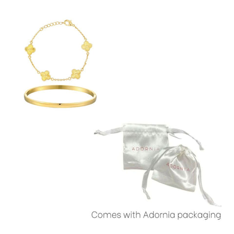 14k Gold Plated Set of 2 Clover Bracelet and Cuff Set