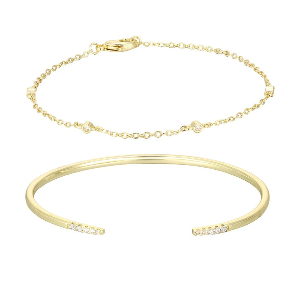 14k Gold Plated Set of 2 CZ Open Cuff and Station Bracelet