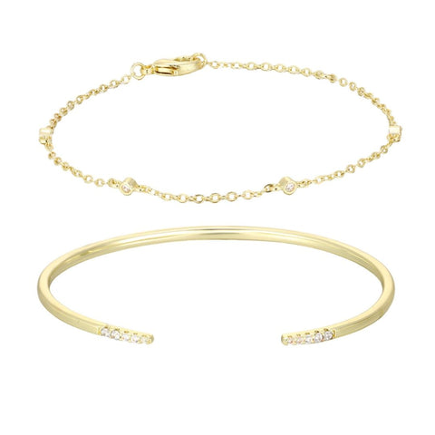 14k Gold Plated Set of 2 CZ Open Cuff and Station Bracelet