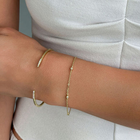 14k Gold Plated Set of 2 CZ Open Cuff and Station Bracelet