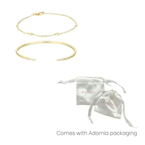 14k Gold Plated Set of 2 CZ Open Cuff and Station Bracelet