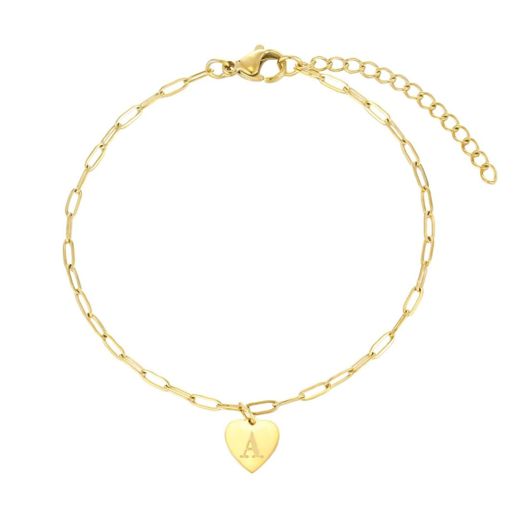 Tarnish Resistant 18k Gold Plated Initial Engraved Heart Paperclip Chain Bracelet