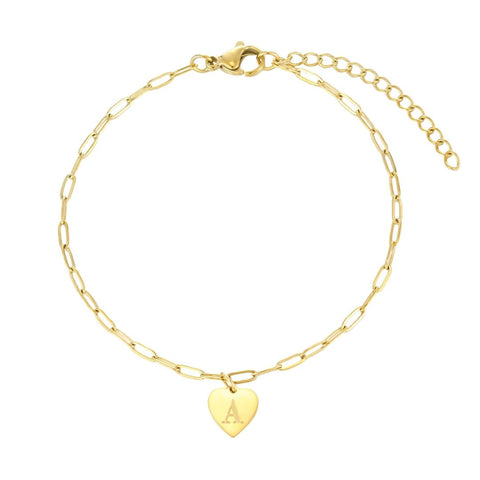Tarnish Resistant 18k Gold Plated Initial Engraved Heart Paperclip Chain Bracelet