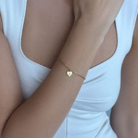 Tarnish Resistant 18k Gold Plated Initial Engraved Heart Paperclip Chain Bracelet