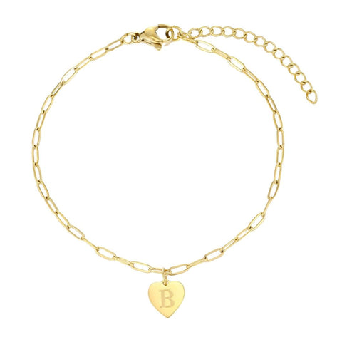 Tarnish Resistant 18k Gold Plated Initial Engraved Heart Paperclip Chain Bracelet