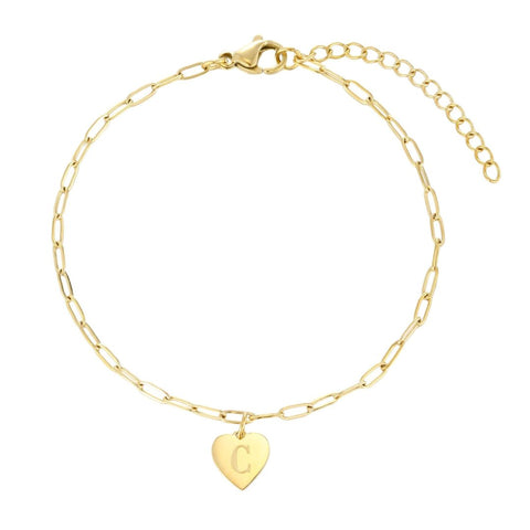 Tarnish Resistant 18k Gold Plated Initial Engraved Heart Paperclip Chain Bracelet