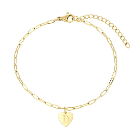 Tarnish Resistant 18k Gold Plated Initial Engraved Heart Paperclip Chain Bracelet