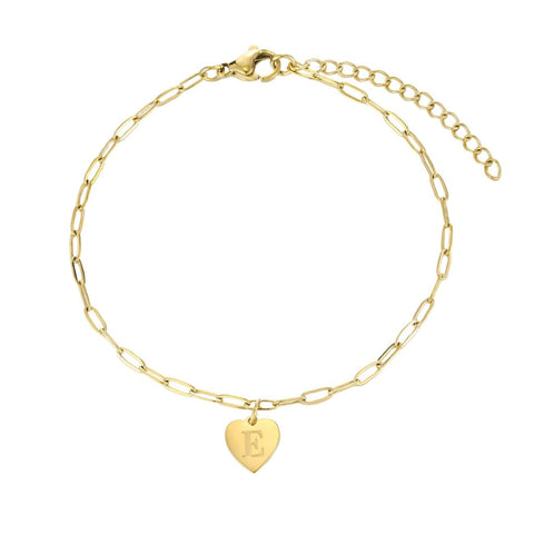 Tarnish Resistant 18k Gold Plated Initial Engraved Heart Paperclip Chain Bracelet