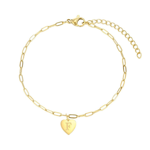 Tarnish Resistant 18k Gold Plated Initial Engraved Heart Paperclip Chain Bracelet