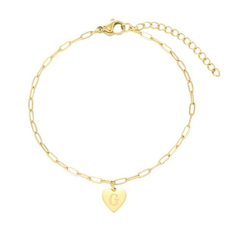 Tarnish Resistant 18k Gold Plated Initial Engraved Heart Paperclip Chain Bracelet
