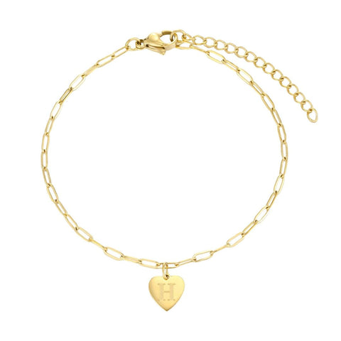 Tarnish Resistant 18k Gold Plated Initial Engraved Heart Paperclip Chain Bracelet