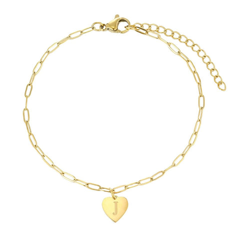 Tarnish Resistant 18k Gold Plated Initial Engraved Heart Paperclip Chain Bracelet