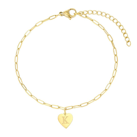 Tarnish Resistant 18k Gold Plated Initial Engraved Heart Paperclip Chain Bracelet