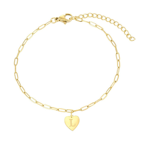 Tarnish Resistant 18k Gold Plated Initial Engraved Heart Paperclip Chain Bracelet