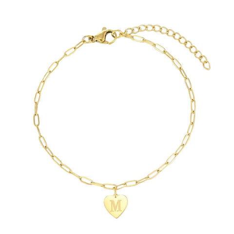 Tarnish Resistant 18k Gold Plated Initial Engraved Heart Paperclip Chain Bracelet