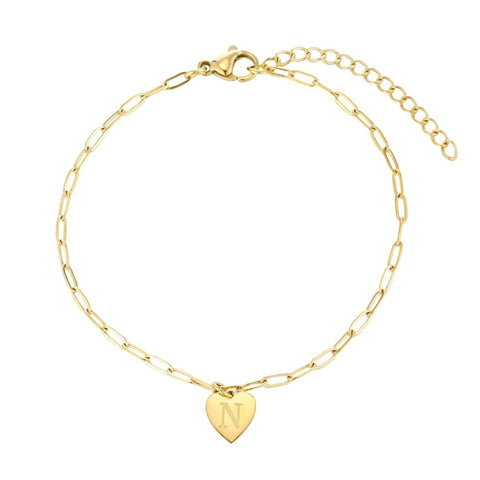 Tarnish Resistant 18k Gold Plated Initial Engraved Heart Paperclip Chain Bracelet