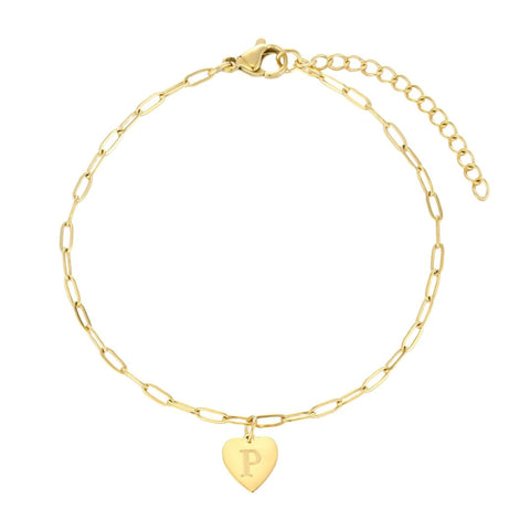 Tarnish Resistant 18k Gold Plated Initial Engraved Heart Paperclip Chain Bracelet