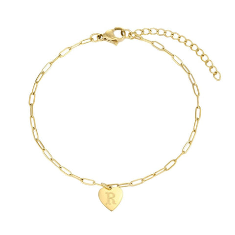 Tarnish Resistant 18k Gold Plated Initial Engraved Heart Paperclip Chain Bracelet