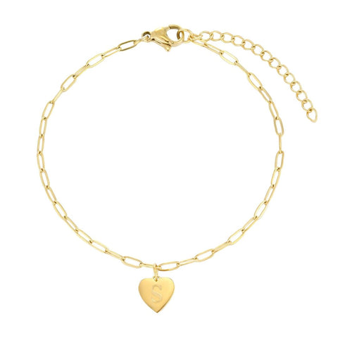 Tarnish Resistant 18k Gold Plated Initial Engraved Heart Paperclip Chain Bracelet