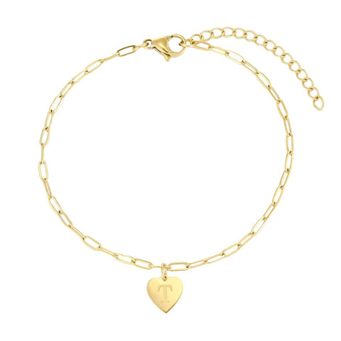Tarnish Resistant 18k Gold Plated Initial Engraved Heart Paperclip Chain Bracelet