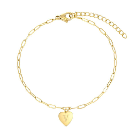 Tarnish Resistant 18k Gold Plated Initial Engraved Heart Paperclip Chain Bracelet