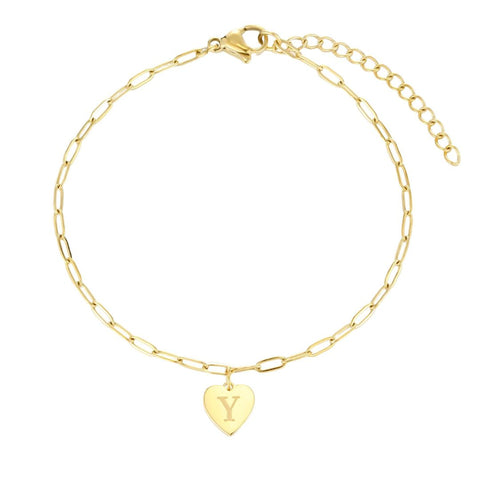 Tarnish Resistant 18k Gold Plated Initial Engraved Heart Paperclip Chain Bracelet