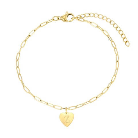 Tarnish Resistant 18k Gold Plated Initial Engraved Heart Paperclip Chain Bracelet